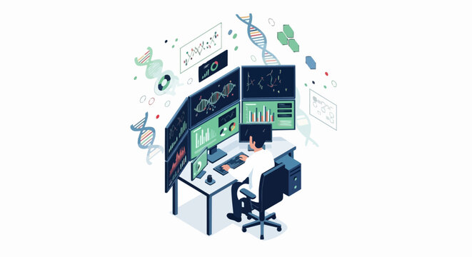 Scientist Analyzing Genetic Data and DNA Sequences on Multiple Monitors; Isometric Bioinformatics and Biotechnology Research Concept Illustration