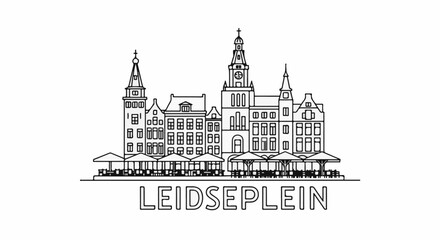 Fototapeta premium Stylized line drawing of historic European buildings with cafes and a prominent clock tower