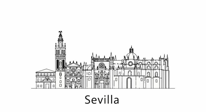 Stylized line drawing of Seville's grand cathedral and bell tower