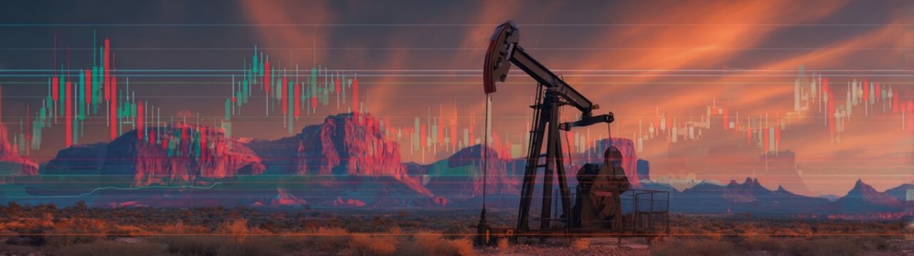 Mechanical heartbeat: the desert's industrial symphony against nature's canvas. Financial charts. Diligence in the desert: an unchanging oil pump jack amid arid majesty. Bearish trend.