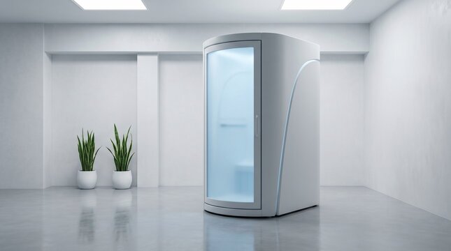 A sleek white futuristic cryotherapy pod stands in a minimalist bright room with green plants, modern wellness technology, health and recovery, innovative spa treatment.