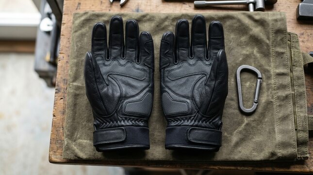 Palms of black tactical leather gloves showing textured grip pads on a green textile background. Tactical gear, professional equipment, grip and control.