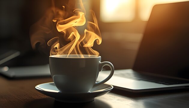 A steaming hot cup of coffee on fire next to a laptop on a wooden desk in a dark room with warm lighting.