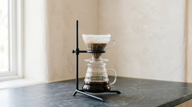 A glass coffee dripper sits on a tall black adjustable stand over a carafe in a bright kitchen, minimalist design, home brewing, coffee equipment.
