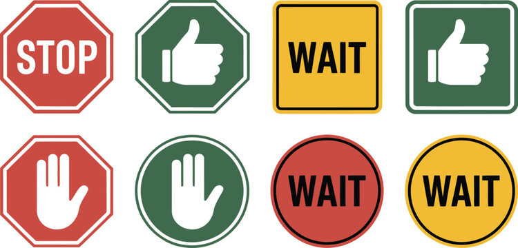 Stop wait and go traffic sign icon set, red yellow and green signal symbols for traffic control public safety road signage and transportation design.