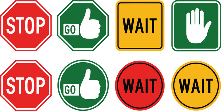 Stop wait and go traffic sign icon set, vector collection of red yellow and green signals for traffic control safety signage and transportation system design.