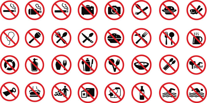 Prohibited signs, no smoking, no eating, no drinking icons, 30 forbidden symbols