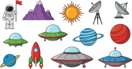 Space Exploration Icon Set with Astronaut, UFOs, Rockets, Planets, Satellites, and Mountain for Astronomy, Adventure, and Sci-Fi Design © MbBasir