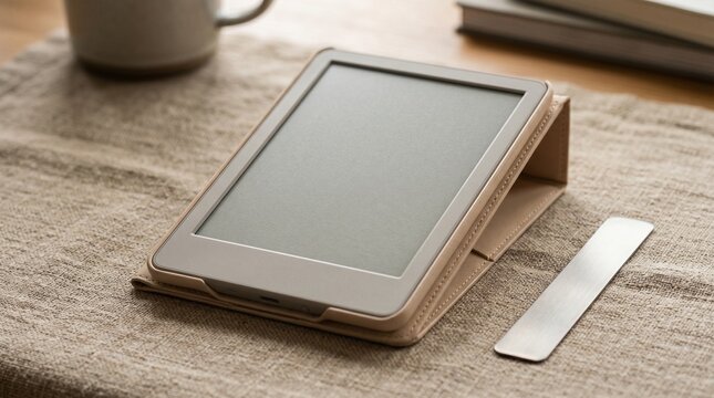 A grey digital tablet in a tan folder case is placed on a textured linen surface with books and a mug nearby. student lifestyle, home office, digital learning, morning routine.