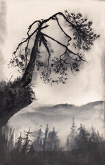 Fototapeta premium AtmosphAtmospheric watercolor landscape with lonely tree 