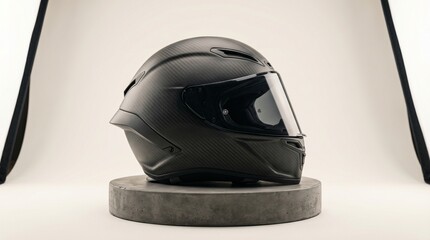 Obraz premium A side view of a black carbon fiber motorcycle helmet resting on a circular concrete pedestal in a studio, professional racing gear, safety protection, sleek automotive design.