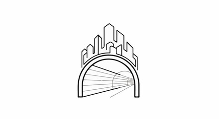 Naklejka premium Stylized city skyline over a tunnel with perspective lines