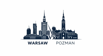 Fototapeta premium Stylized dark blue city skylines of Warsaw and Poznan in silhouette, separated by a 
