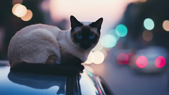 Tracking slow pan of siamese cat turning head while perched on car roof on city street at dusk