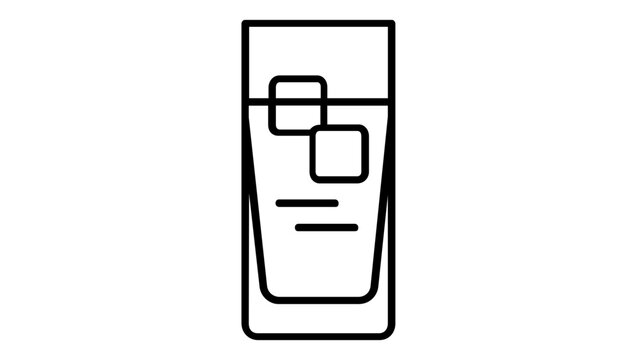Minimalist vector icon illustration of a refreshing tall glass filled with liquid and ice cubes. Clean black line art design for beverage menus, bar signage, or modern kitchen applications.
