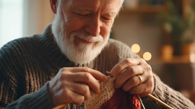Tracking shot of elderly man knitting with wooden needles hands close up in cozy living room interior
