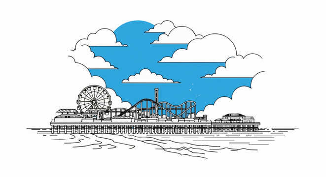 Stylized illustration of a pier with a Ferris wheel and roller coaster
