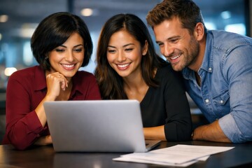 Fototapeta premium Diverse business team collaborating on a laptop, professional colleagues working together in a modern office, happy multi-ethnic group reviewing digital content