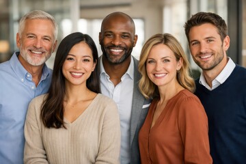 Obraz premium Diverse group of five smiling business professionals, multi-ethnic team portrait, happy corporate employees, successful collaboration and teamwork concept.