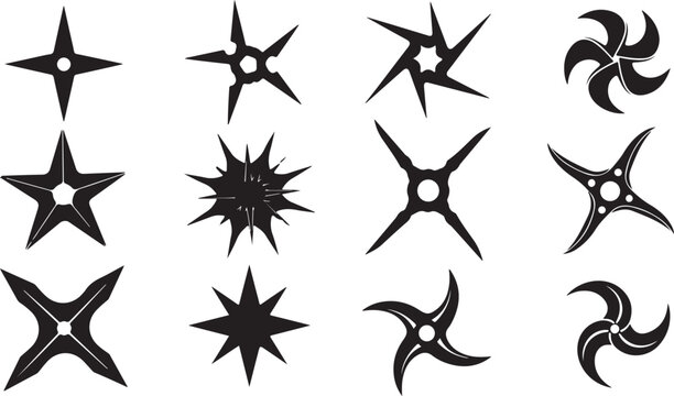 Black ninja star icons, throwing star symbols, shuriken set, vector graphics