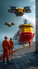 Fototapeta premium A group of men standing on a dock next to a large ship