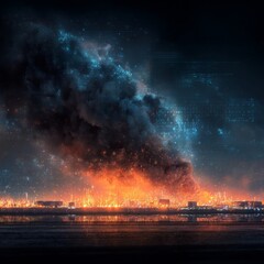 Fototapeta premium Behind the smoke: a blaze lighting up industrial rail tracks at midnight. Cyber technology. Infernal spectacle: fiery havoc with crimson glows and rising smoke. Ai concept.