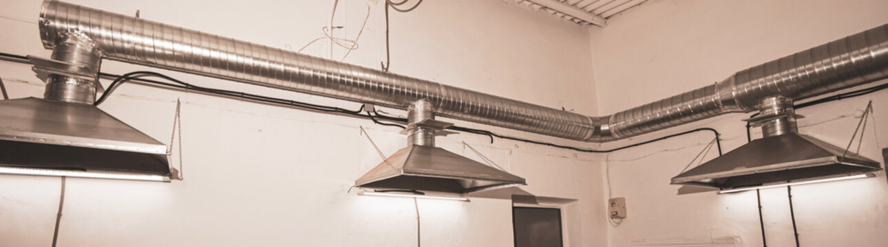 Ventilation system extraction hood supply air return for food factory industry.