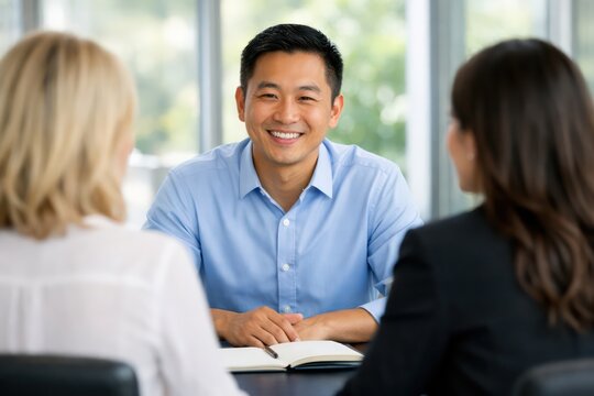 Smiling Asian businessman in a light blue shirt, confidently engaging in a professional meeting. Happy male executive, actively listening and collaborating with two female colleagues. Diverse