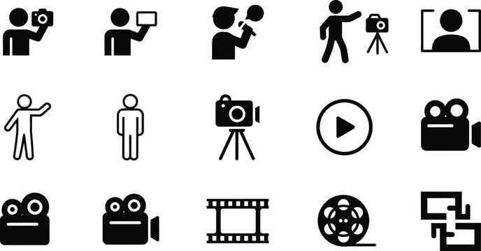 Photography and videography silhouette icon set for multimedia and content creation with photography