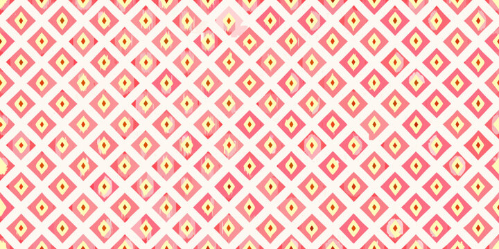 A repeating pattern of pink and yellow diamond shapes on white