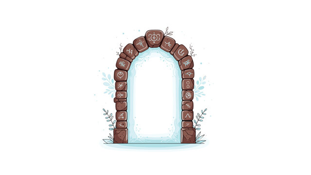 Mystical stone archway engraved with ancient magical runes glowing with a bright white light in the center of the gate.