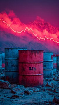 Turbulent global dynamics boost crude oil valuations. Upscale style. Glimmering oil drums and market forces amid geopolitical unrest. Fashion editorial. Chic appearance.