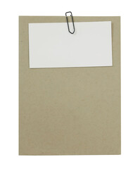 Empty business card, note paper, black clip on brown craft Greeting card isolated on Transparent...