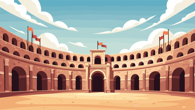 Inside view of a grand ancient Roman amphitheater with many stone arches and red flags under a beautiful cloudy sky.