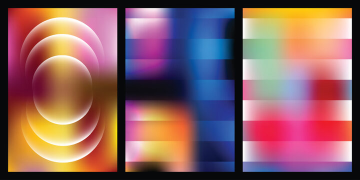 Abstract vibrant gradient background set with glowing neon circles and geometric stripes. Colorful light effect collection for modern poster and digital cover design. Vector Illustration.