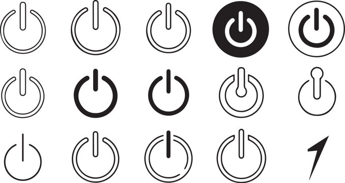 Power button icons, switch symbols, on off controls, vector graphics