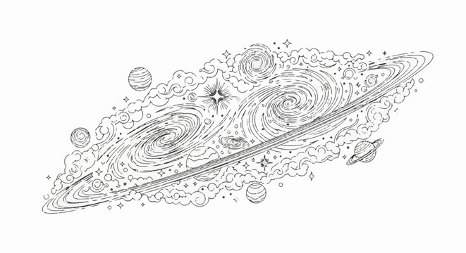 Stylized illustration of swirling galaxies, planets, stars, and cosmic clouds