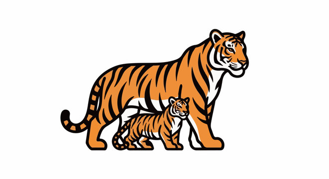 Stylized illustration of two tigers, one adult and one cub, on a white background