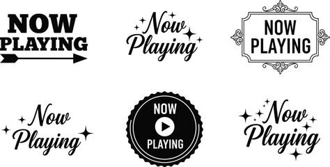 Fototapeta premium Now playing logo design, entertainment badge emblem, media typography art, movie screening symbol, broadcast graphic icon, flat vector illustration