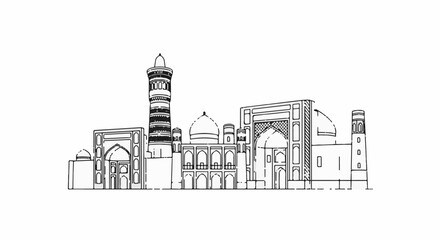 Naklejka premium Stylized ink sketch of a historic minaret and domed buildings, with arched entries