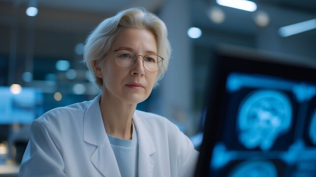 Laboratory researcher examining brain scan images showing dopamine receptor changes, specimen slides and neuroimaging data scattered across workstation, cool fluorescent lighting creating clinical