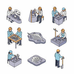 Paleontologists excavating dinosaur fossils in a dig site illustration. © Cucak