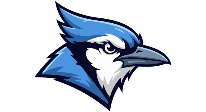 Stylized blue jay head logo, featuring bold lines and vibrant blue colors