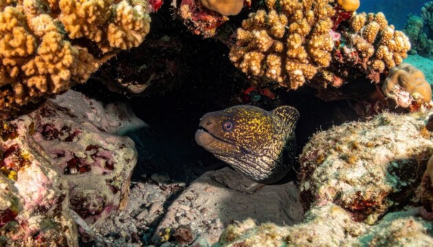 A fierce looking moray eel with yellow spotted skin emerges from its rocky crevice habitat on a vibrant coral reef.