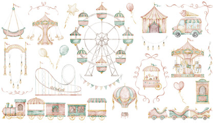 Obraz premium Amusement park watercolor illustrations set with Ferris wheel and Carousel in soft pastel colors. Clipart with air balloon, attractions, garlands for childish design or baby shower invitations.