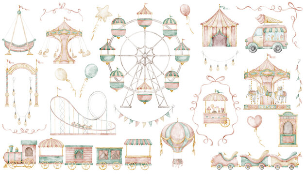 Amusement park watercolor illustrations set with Ferris wheel and Carousel in soft pastel colors. Clipart with air balloon, attractions, garlands for childish design or baby shower invitations.