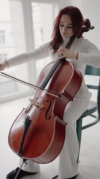 Classical music playing stringed classical musical instruments, Female cellist practicing solo piece. Closeup view of violoncello and hands of musician, A female cellist plays the cello. Vertical