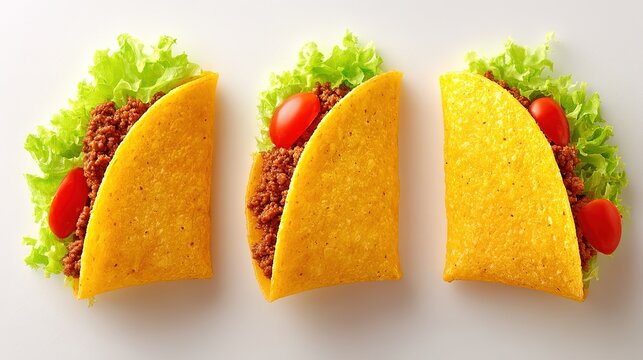 Three crispy yellow corn tacos filled with seasoned ground beef fresh green lettuce leaves and red cherry tomato halves
