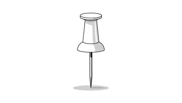 Large white plastic push pin stands upright on a white surface, casting a soft shadow beneath its sharp metal point.