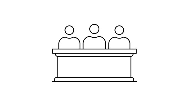 Arbitration panel minimalist black line vector icon on a white background representing three seated judges or committee members at a long desk, perfect for legal and business illustrations.